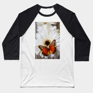 Brown Butterfly Resting On White Daisy Baseball T-Shirt